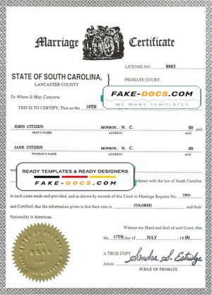 USA South Carolina marriage certificate template in PSD format