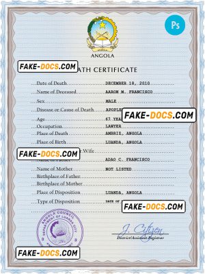 Angola vital record death certificate PSD template, completely editable