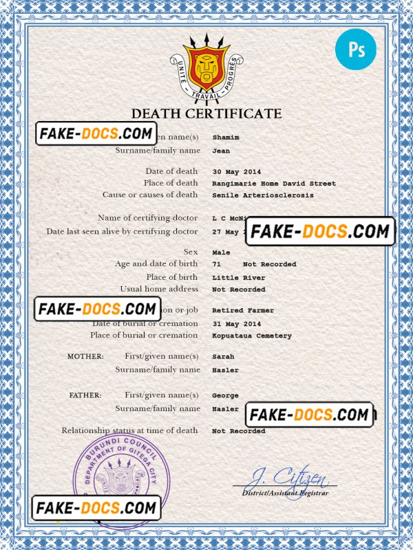 Burundi vital record death certificate PSD template