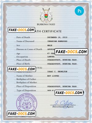 Burkina Faso vital record death certificate PSD template, completely editable