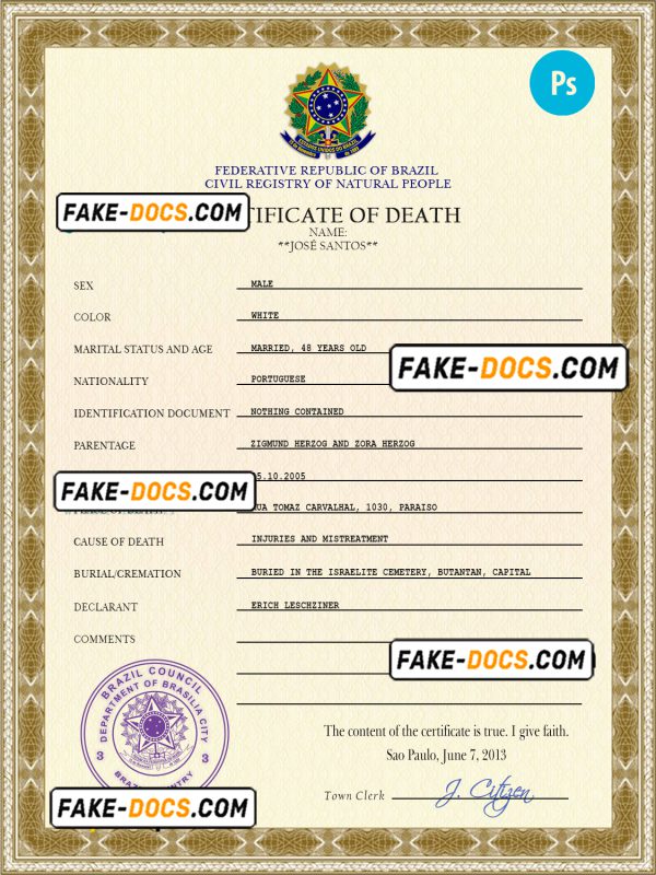 Brazil death certificate PSD template, completely editable