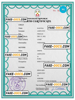 Togo birth certificate PSD template, completely editable