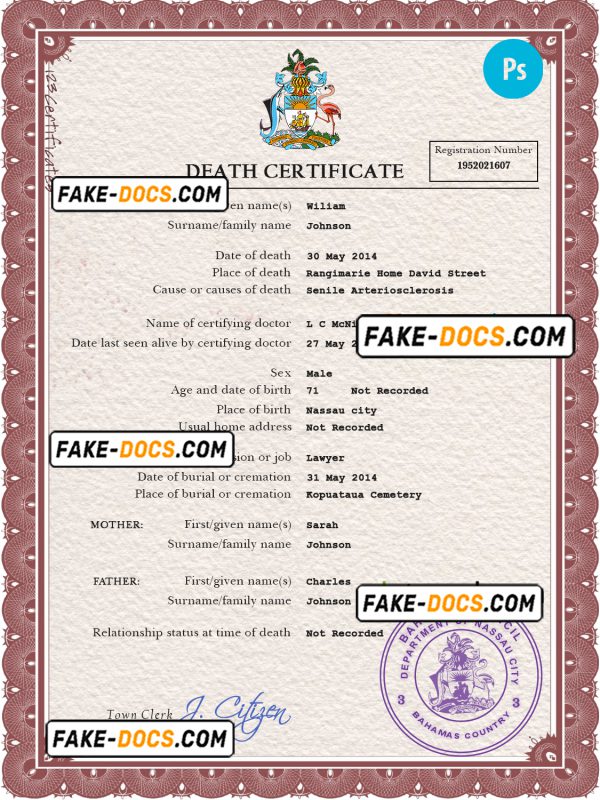 Bahamas vital record death certificate PSD template