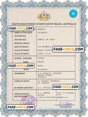 Australia vital record death certificate PSD template, fully editable