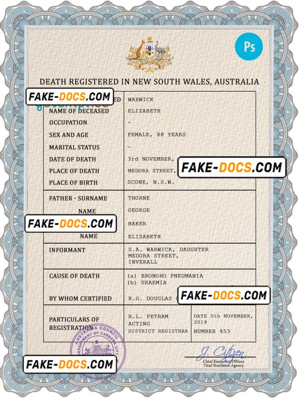 Australia vital record death certificate PSD template, fully editable