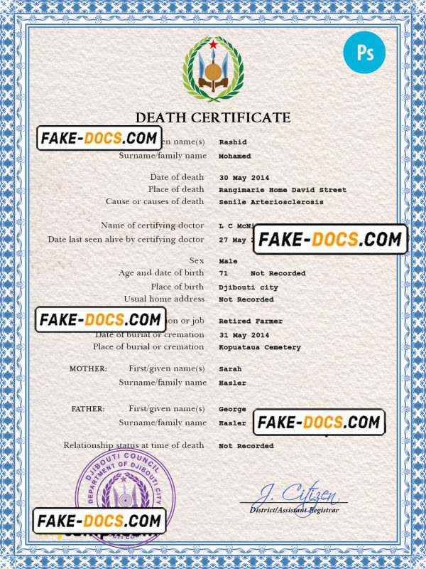 Djibouti death certificate PSD template, completely editable