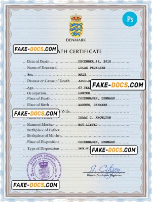 Denmark vital record death certificate PSD template, fully editable