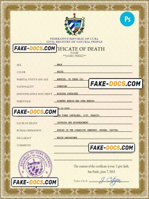 Cuba vital record death certificate PSD template, completely editable