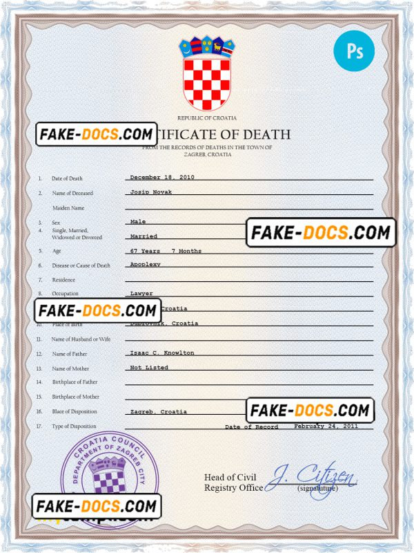 Croatia death certificate PSD template, completely editable