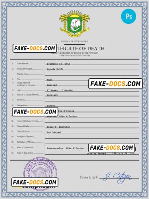 Côte d’Ivoire vital record death certificate PSD template, fully editable
