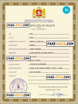 Georgia vital record death certificate PSD template, fully editable