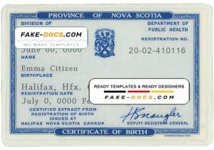 Canada Province of Nova Scotia birth certificate template in PSD format