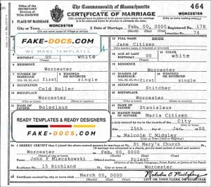 USA Massachusetts marriage certificate template in PSD format