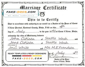 USA Idaho marriage certificate template in PSD format, fully editable