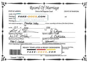 USA Arizona state marriage certificate template in PSD format