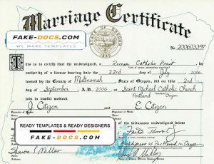 USA Oregon state marriage certificate template in PSD format