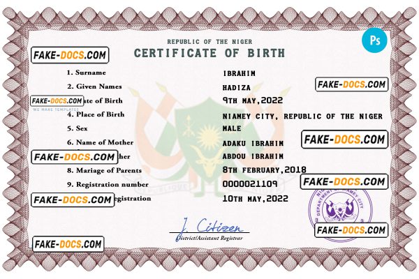 Niger vital record birth certificate PSD template
