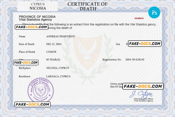 Cyprus vital record death certificate PSD template