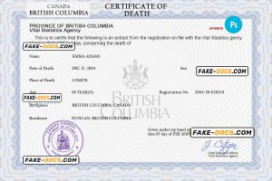 Canada vital record death certificate PSD template, fully editable
