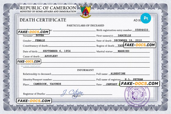Cameroon death certificate PSD template, completely editable
