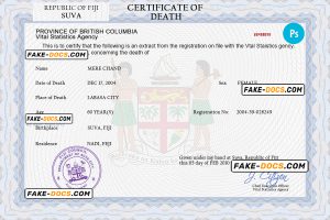 Fiji death certificate PSD template, completely editable
