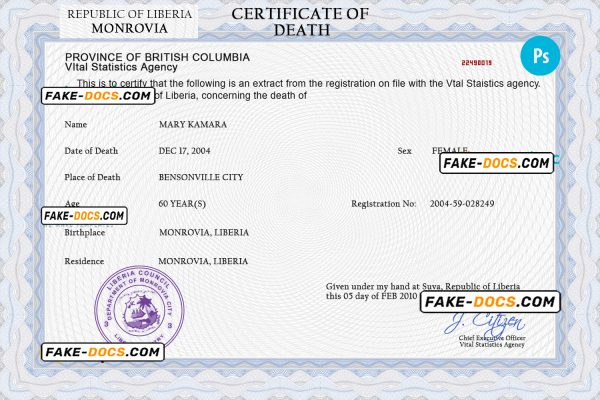 Liberia death certificate PSD template, completely editable