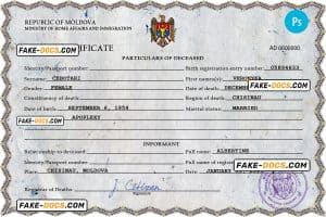 Moldova vital record death certificate PSD template, completely editable