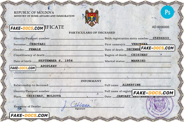 Moldova vital record death certificate PSD template, completely editable