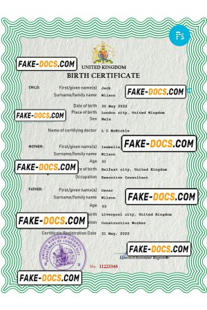 United Kingdom birth certificate PSD template, completely editable