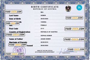 Austria vital record birth certificate PSD template, completely editable