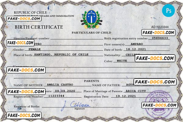 Chile vital record birth certificate PSD template