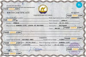 Eritrea vital record birth certificate PSD template, fully editable