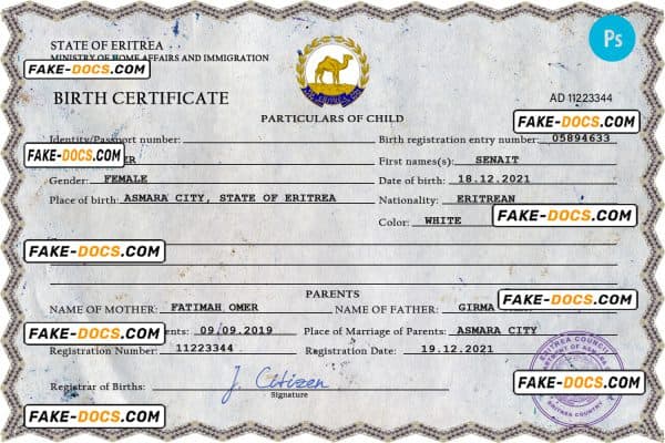 Eritrea vital record birth certificate PSD template, fully editable
