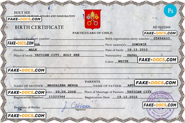Holy See vital record birth certificate PSD template, fully editable