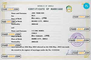 Angola marriage certificate PSD template, fully editable