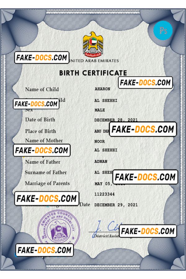 United Arab Emirates vital record birth certificate PSD template