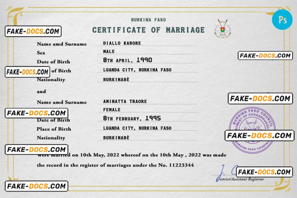 Burkina Faso marriage certificate PSD template, fully editable