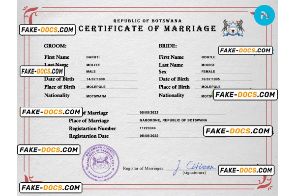 Botswana marriage certificate PSD template, fully editable