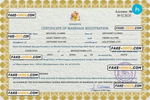 Barbados marriage certificate PSD template, completely editable