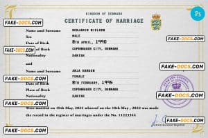 Denmark marriage certificate PSD template, completely editable