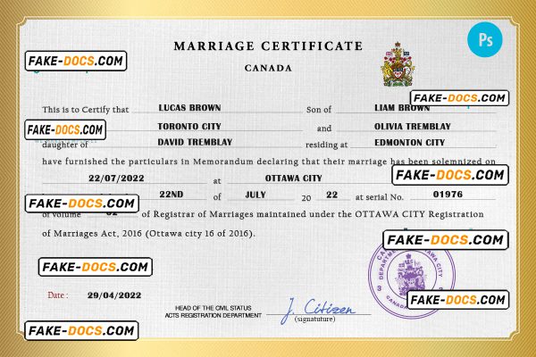Canada marriage certificate PSD template, fully editable