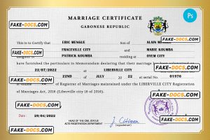 Gabon marriage certificate PSD template, fully editable
