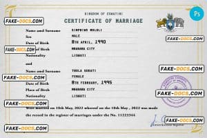 Eswatini marriage certificate PSD template, completely editable