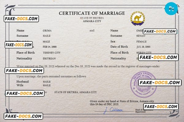 Eritrea marriage certificate PSD template, completely editable