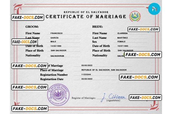 El Salvador marriage certificate PSD template, completely editable
