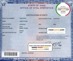 USA Ohio state birth certificate template in PSD format, fully editable