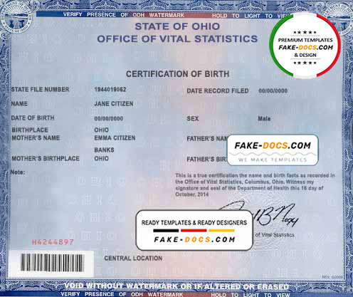 USA Ohio state birth certificate template in PSD format, fully editable