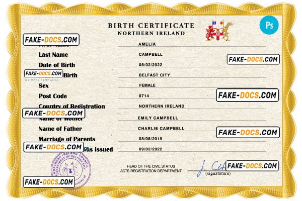 Northern Ireland vital record birth certificate PSD template, fully editable