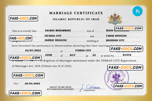 Iran marriage certificate PSD template, fully editable