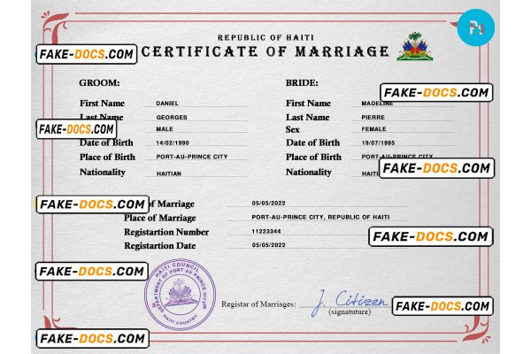 Haiti marriage certificate PSD template, completely editable scan